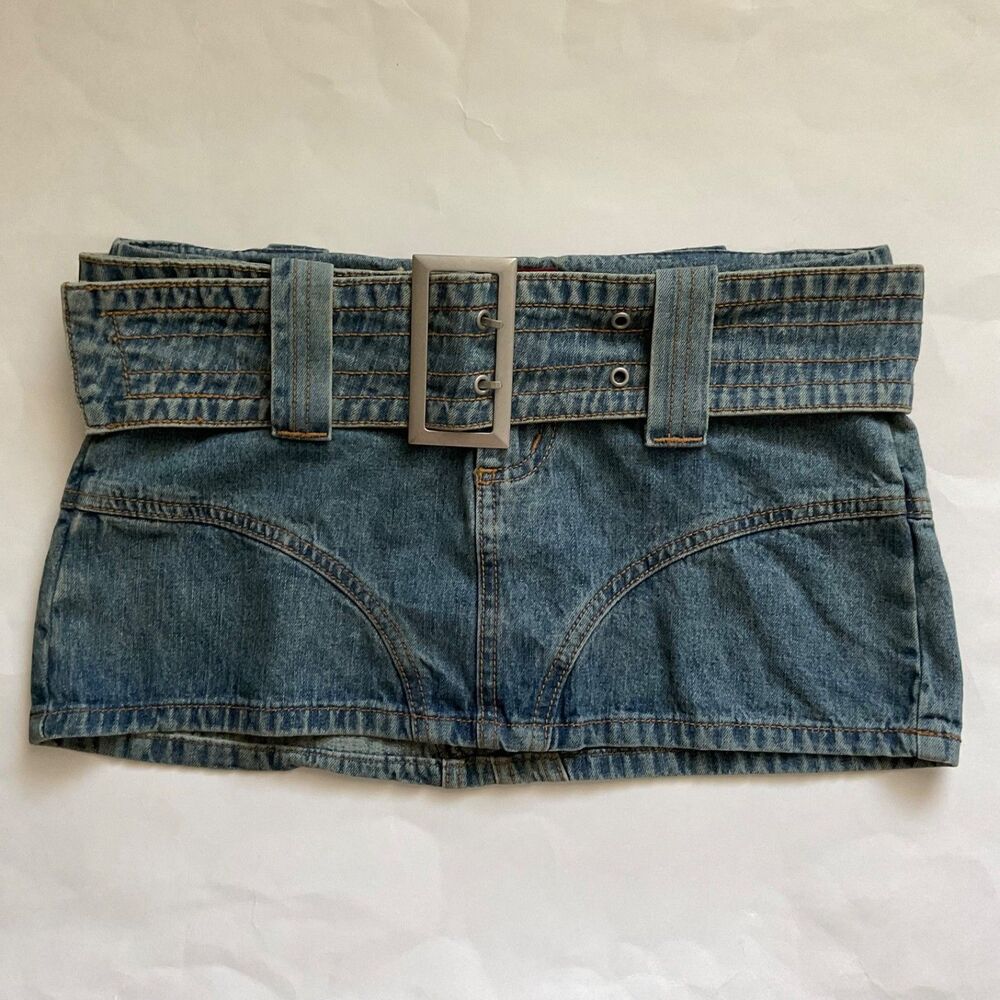 VTG Y2K Blue Asphalt Denim Micro Mini Skirt 1 Low Rise Removable Belt USA Bratz